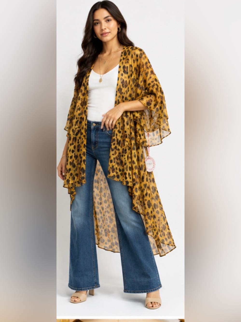 Umgee NWT Leopard Metallic Gold Sheer High Low Kimono Duster Small